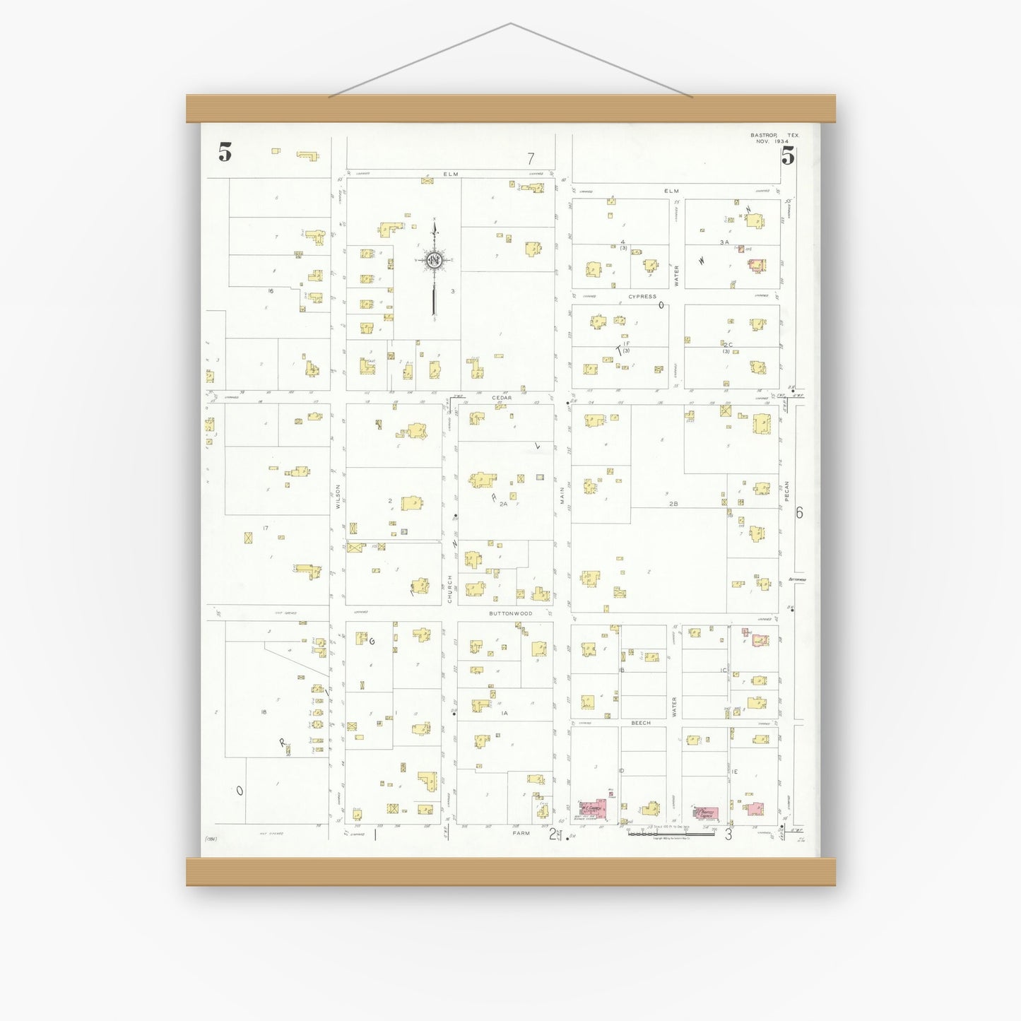 Old map wall art mockup — magnetic wood frame on white wall — Sanborn Fire Insurance Map from Bastrop, Bastrop County, Texas (1934), Sheet #0005