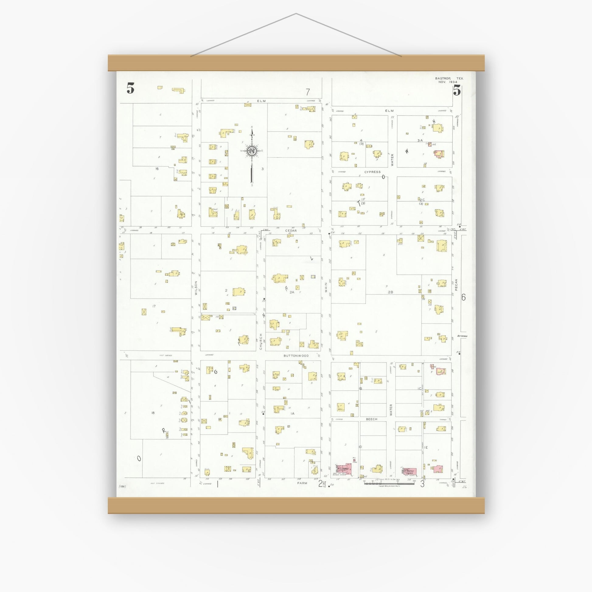 Old map wall art mockup — magnetic wood frame on white wall — Sanborn Fire Insurance Map from Bastrop, Bastrop County, Texas (1934), Sheet #0005