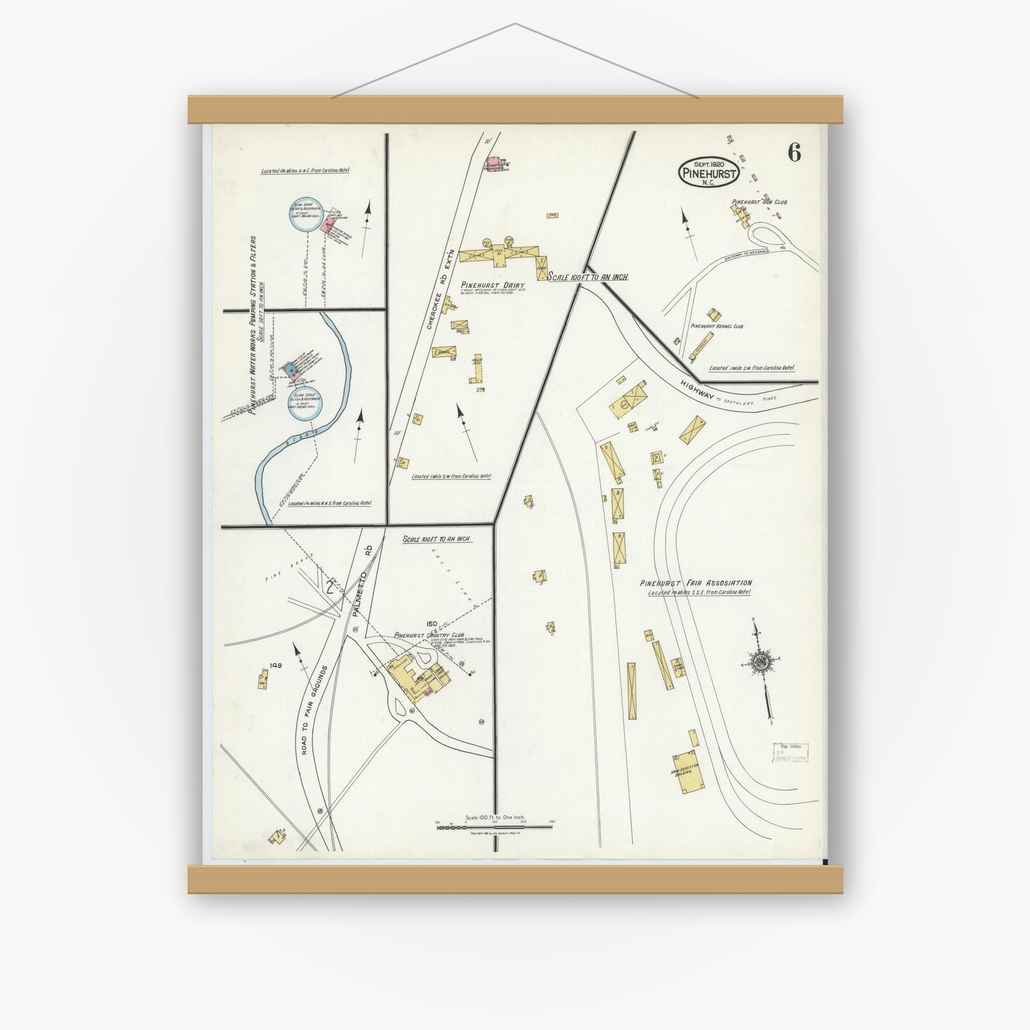 Old map wall art mockup — magnetic wood frame on white wall — Sanborn Fire Insurance Map from Pinehurst, Moore County, North Carolina (1920), Sheet #0006