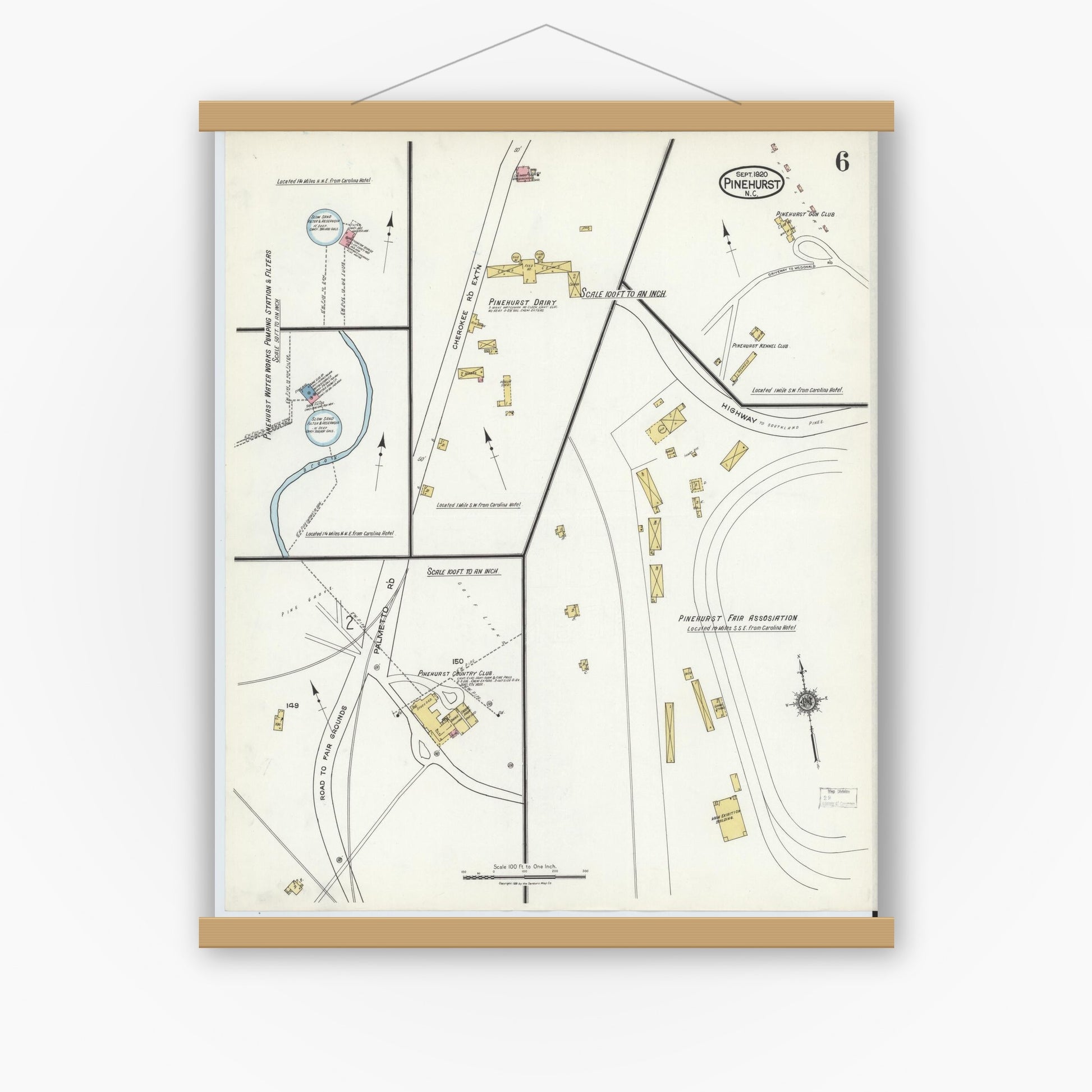 Old map wall art mockup — magnetic wood frame on white wall — Sanborn Fire Insurance Map from Pinehurst, Moore County, North Carolina (1920), Sheet #0006