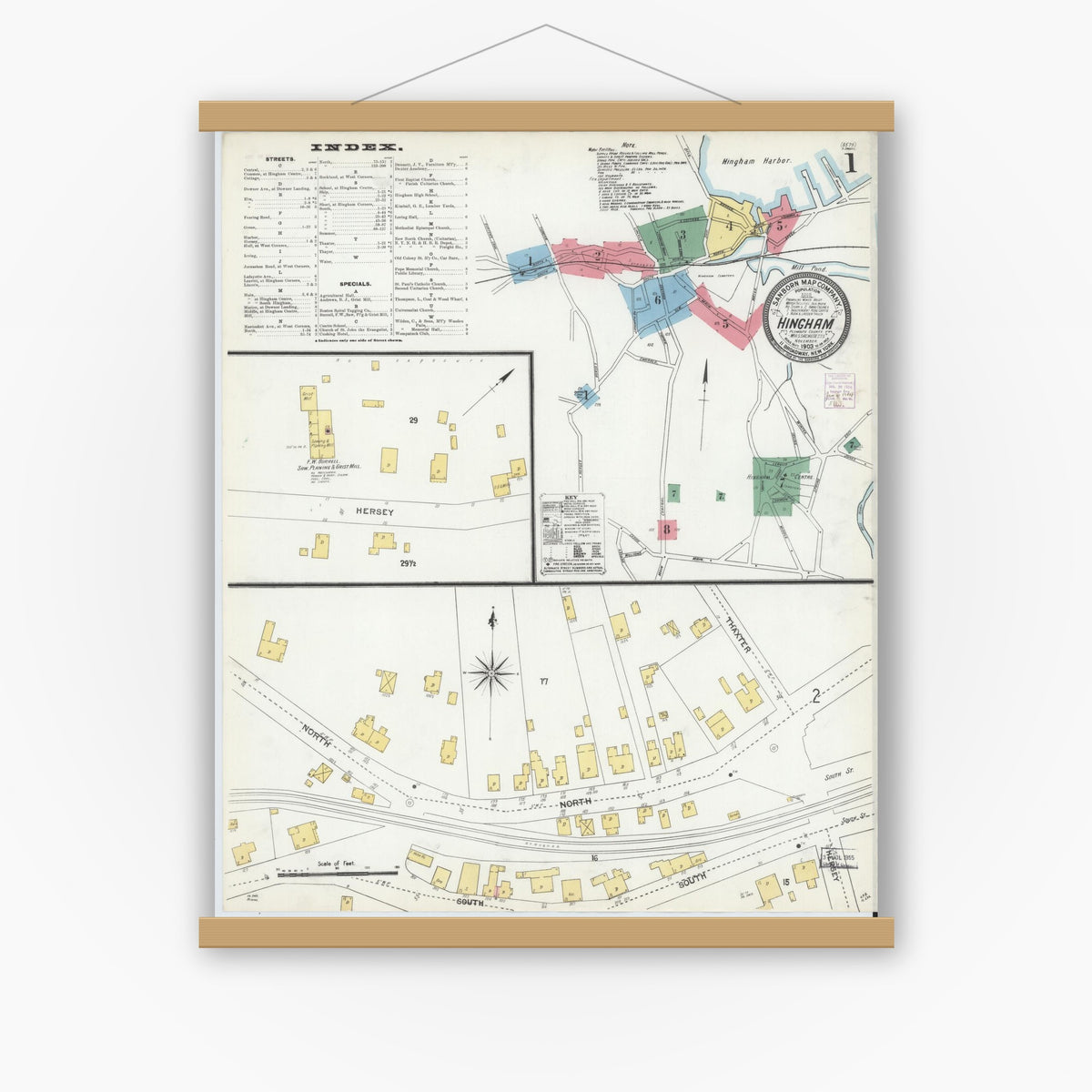 Old map wall art mockup — magnetic wood frame on white wall — Sanborn Fire Insurance Map from Hingham, Plymouth County, Massachusetts (1903), Sheet #0001