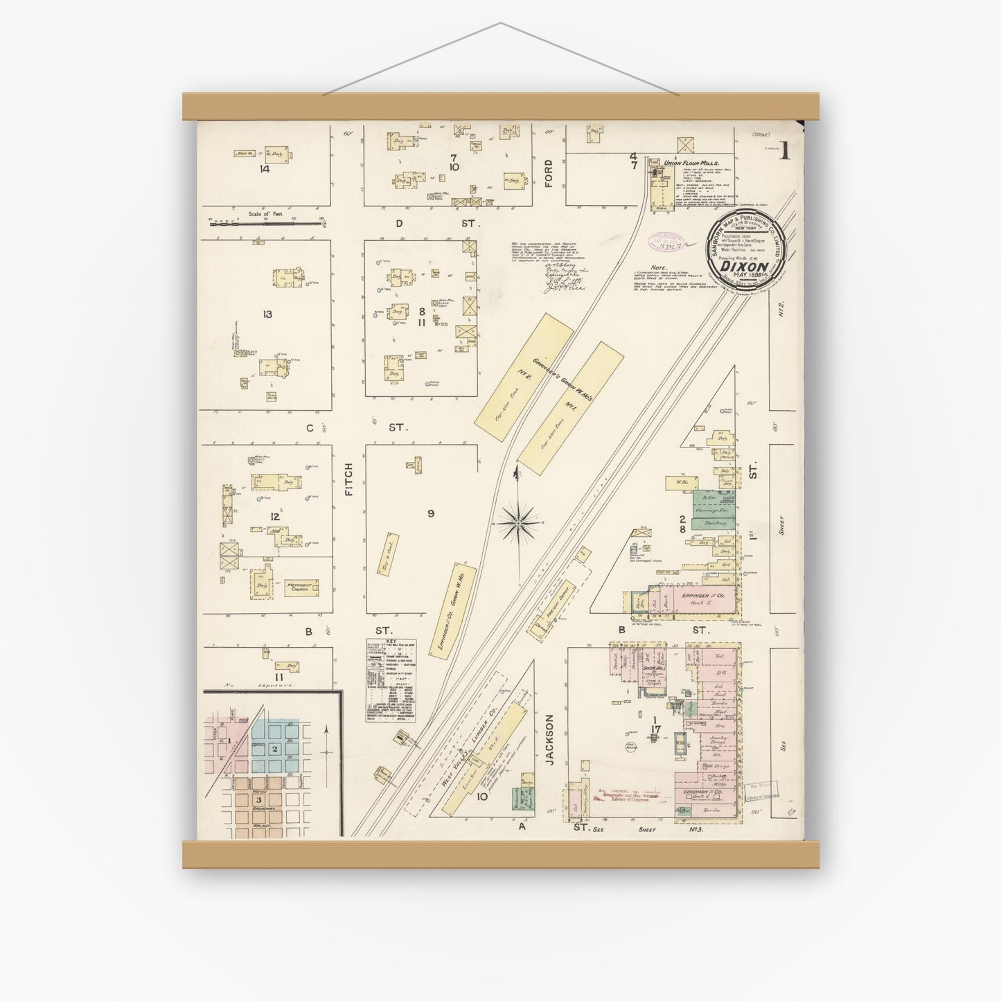 Old map wall art mockup — magnetic wood frame on white wall — Sanborn Fire Insurance Map from Dixon, Solano County, California (1888) - Complete Map Set
