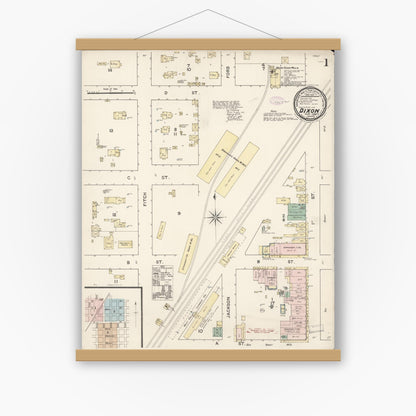 Old map wall art mockup — magnetic wood frame on white wall — Sanborn Fire Insurance Map from Dixon, Solano County, California (1888) - Complete Map Set