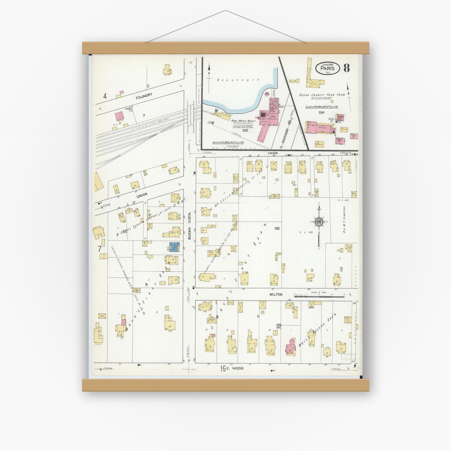 Old map wall art mockup — magnetic wood frame on white wall — Sanborn Fire Insurance Map from Paris, Edgar County, Illinois (1916), Sheet #0008