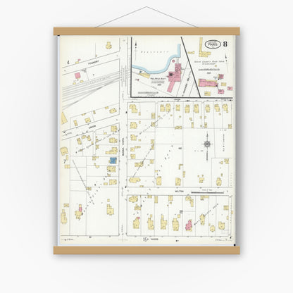 Old map wall art mockup — magnetic wood frame on white wall — Sanborn Fire Insurance Map from Paris, Edgar County, Illinois (1916), Sheet #0008
