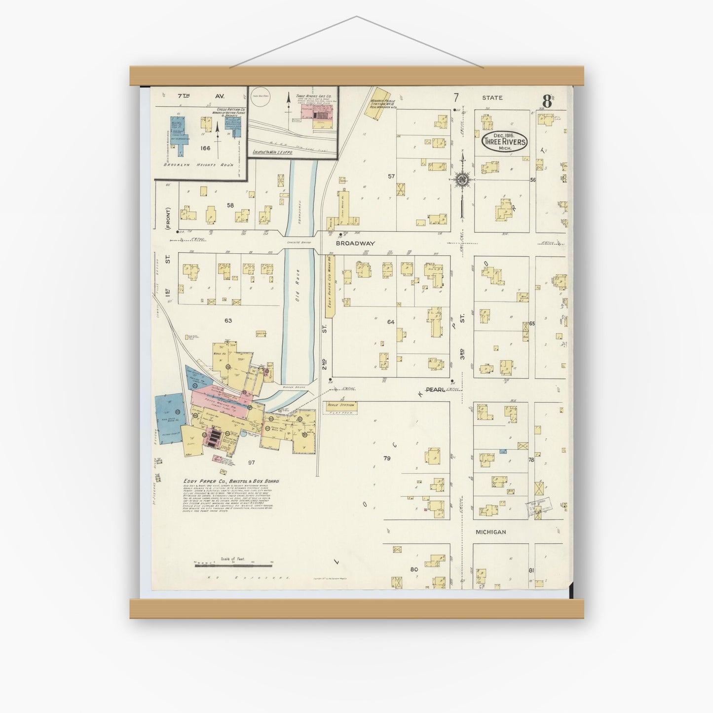 Old map wall art mockup — magnetic wood frame on white wall — Sanborn Fire Insurance Map from Three Rivers, Saint Joseph County, Michigan (1916), Sheet #0008