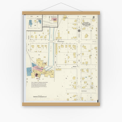 Old map wall art mockup — magnetic wood frame on white wall — Sanborn Fire Insurance Map from Three Rivers, Saint Joseph County, Michigan (1916), Sheet #0008