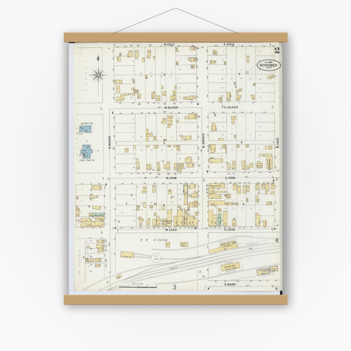 Old map wall art mockup — magnetic wood frame on white wall — Sanborn Fire Insurance Map from Bessemer, Gogebic County, Michigan (1898), Sheet #0002
