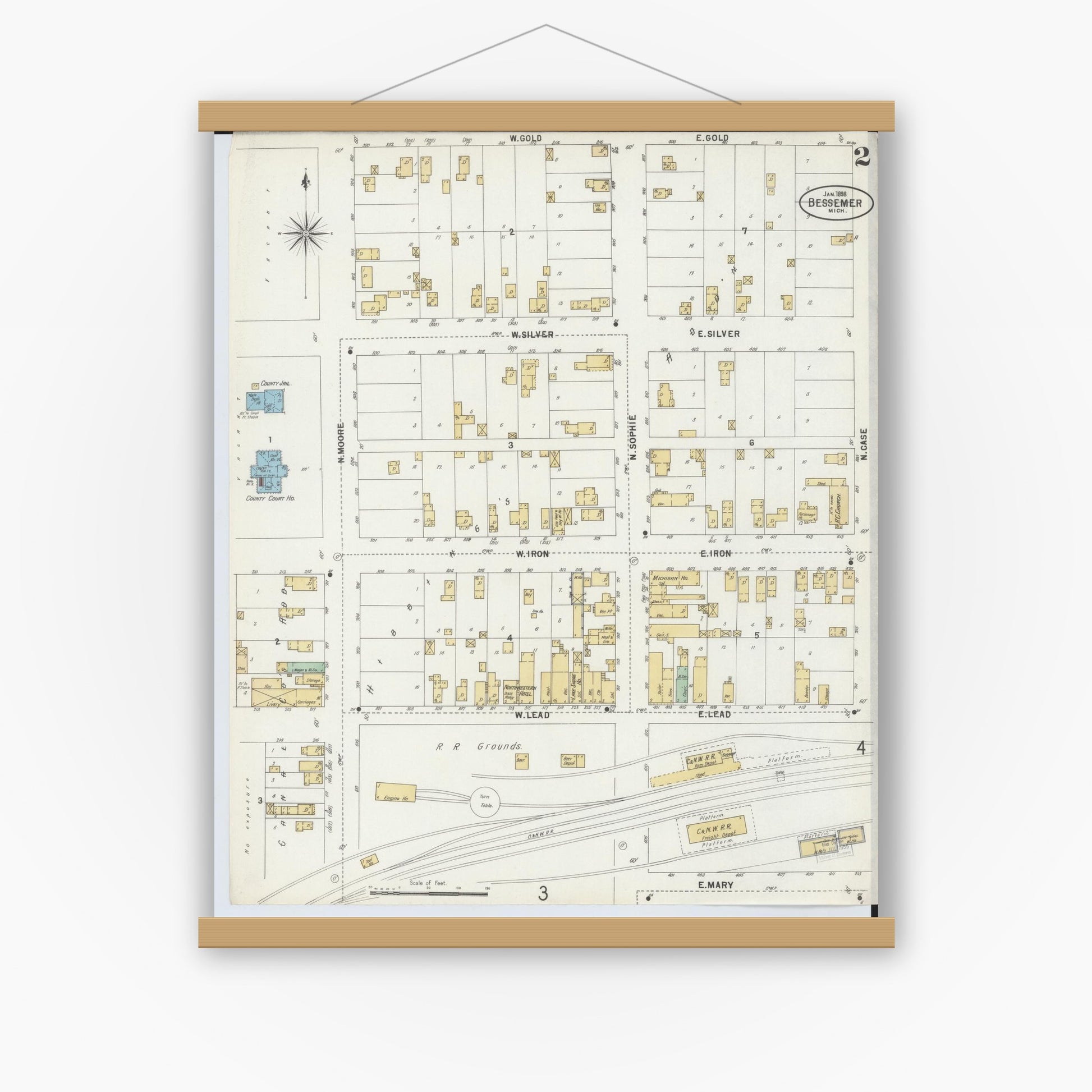 Old map wall art mockup — magnetic wood frame on white wall — Sanborn Fire Insurance Map from Bessemer, Gogebic County, Michigan (1898), Sheet #0002
