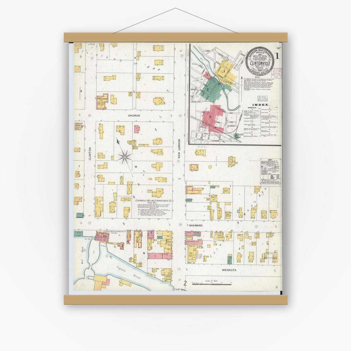 Old map wall art mockup — magnetic wood frame on white wall — Sanborn Fire Insurance Map from Clintonville, Waupaca County, Wisconsin (1904) - Complete Map Set