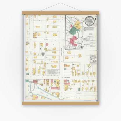 Old map wall art mockup — magnetic wood frame on white wall — Sanborn Fire Insurance Map from Clintonville, Waupaca County, Wisconsin (1904) - Complete Map Set