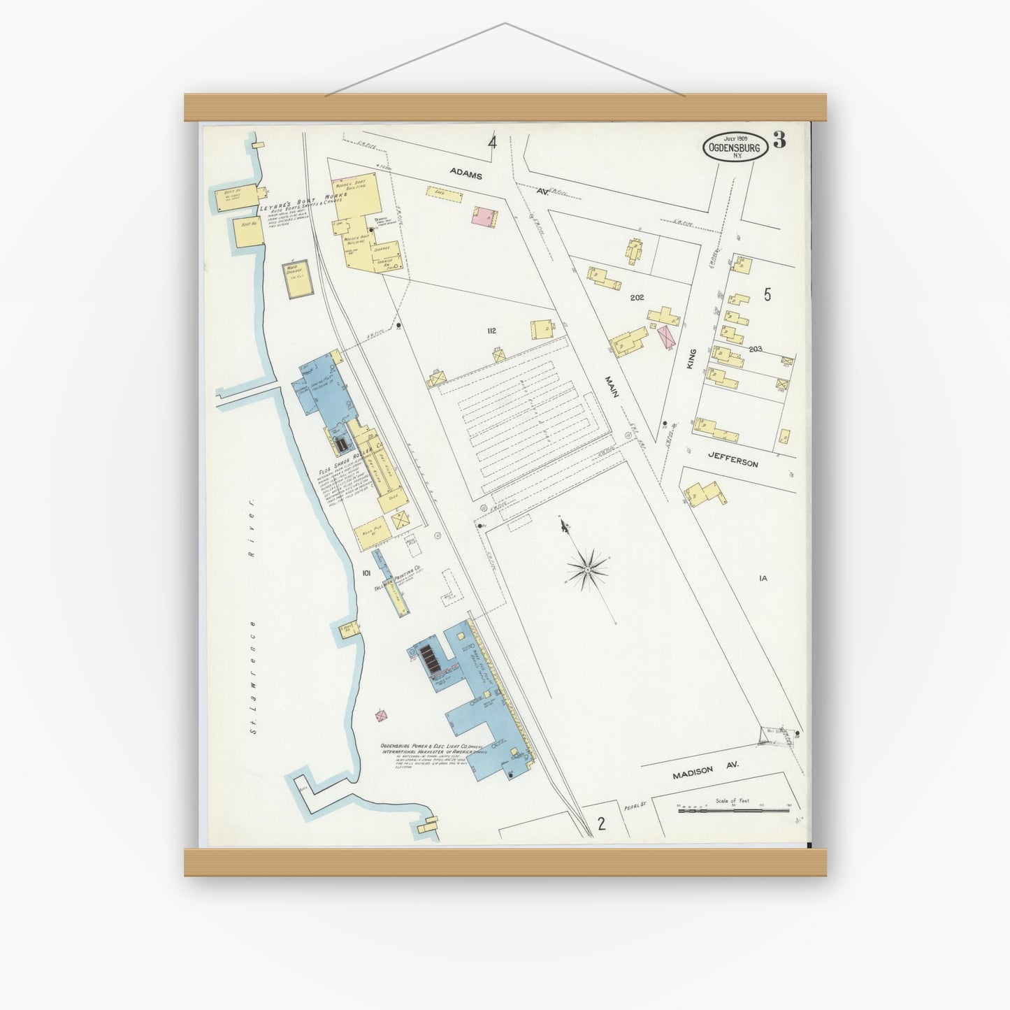 Old map wall art mockup — magnetic wood frame on white wall — Sanborn Fire Insurance Map from Ogdensburg, St. Lawrence County, New York (1909), Sheet #0003