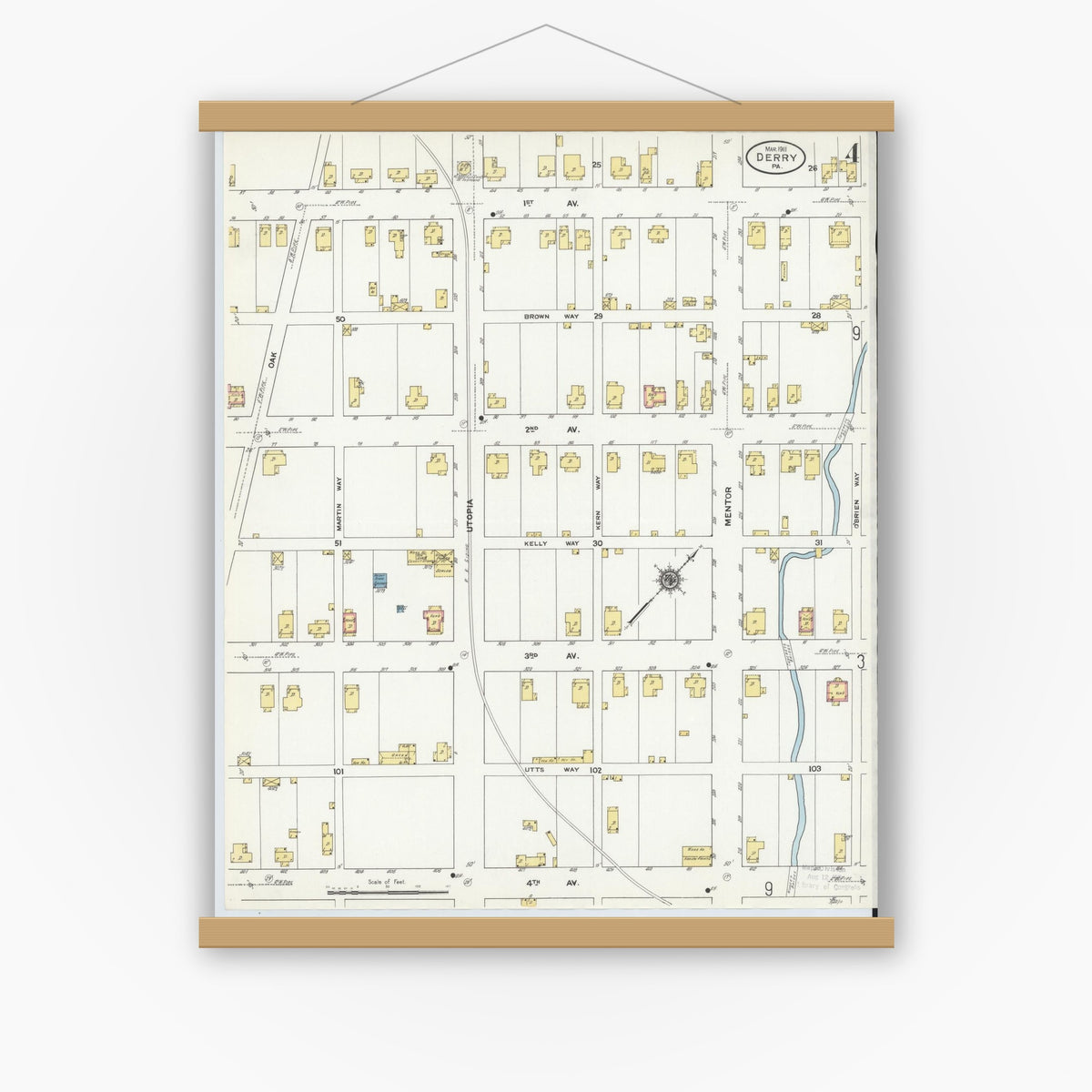 Old map wall art mockup — magnetic wood frame on white wall — Sanborn Fire Insurance Map from Derry, Westmoreland County, Pennsylvania (1911), Sheet #0004