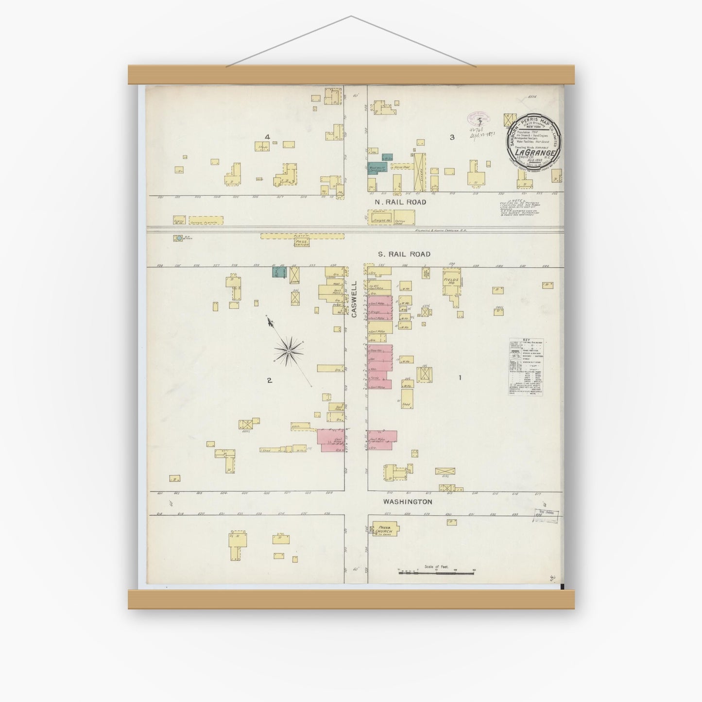Old map wall art mockup — magnetic wood frame on white wall — Sanborn Fire Insurance Map from La Grange, Lenoir County, North Carolina (1893), Sheet #0001