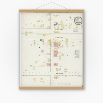 Old map wall art mockup — magnetic wood frame on white wall — Sanborn Fire Insurance Map from La Grange, Lenoir County, North Carolina (1893), Sheet #0001