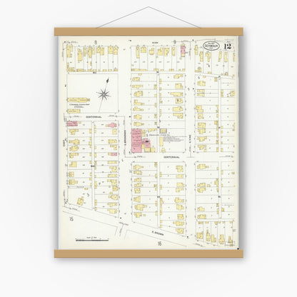Old map wall art mockup — magnetic wood frame on white wall — Sanborn Fire Insurance Map from Seymour, Jackson County, Indiana (1907), Sheet #0012