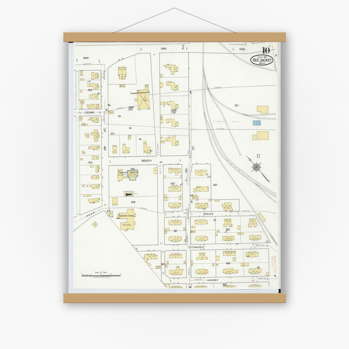 Old map wall art mockup — magnetic wood frame on white wall — Sanborn Fire Insurance Map from Red Jacket, Houghton County, Michigan (1917), Sheet #0010