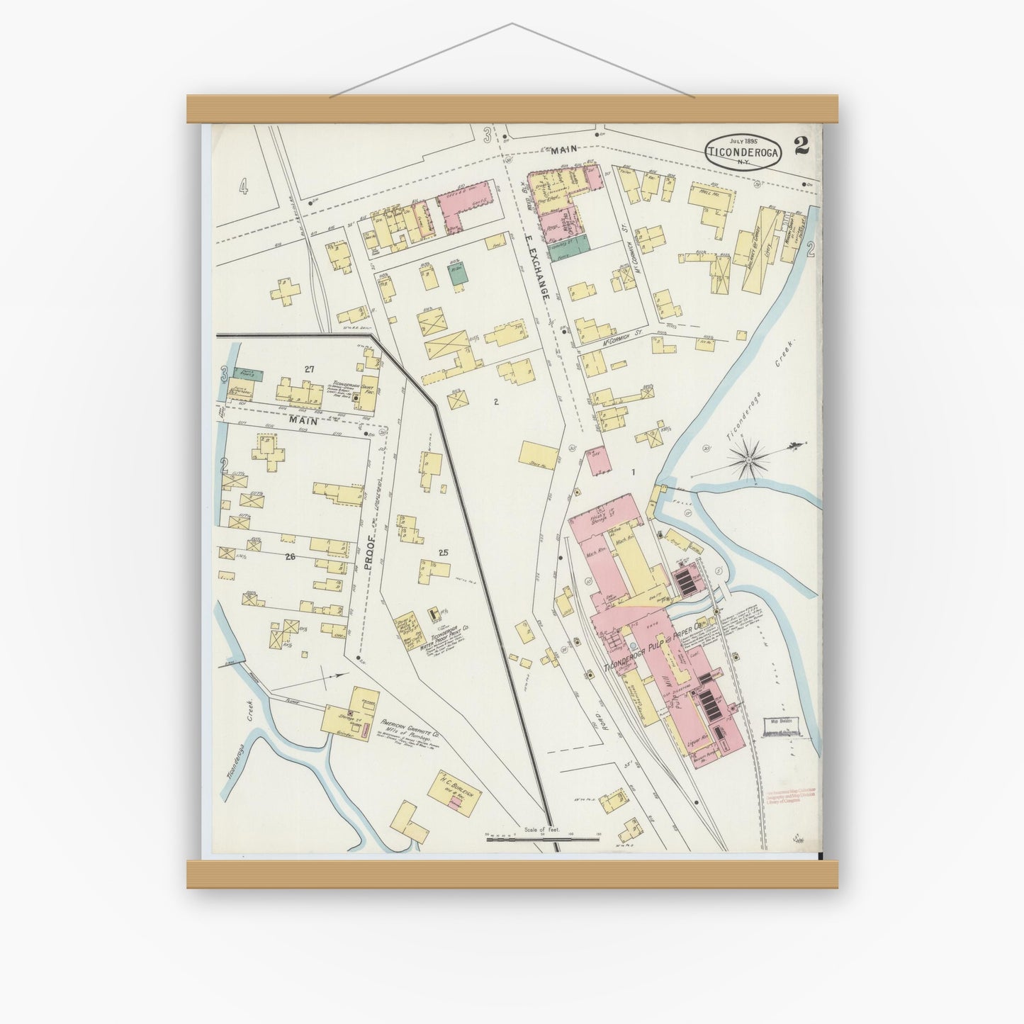Old map wall art mockup — magnetic wood frame on white wall — Sanborn Fire Insurance Map from Ticonderoga, Essex County, New York (1895), Sheet #0002