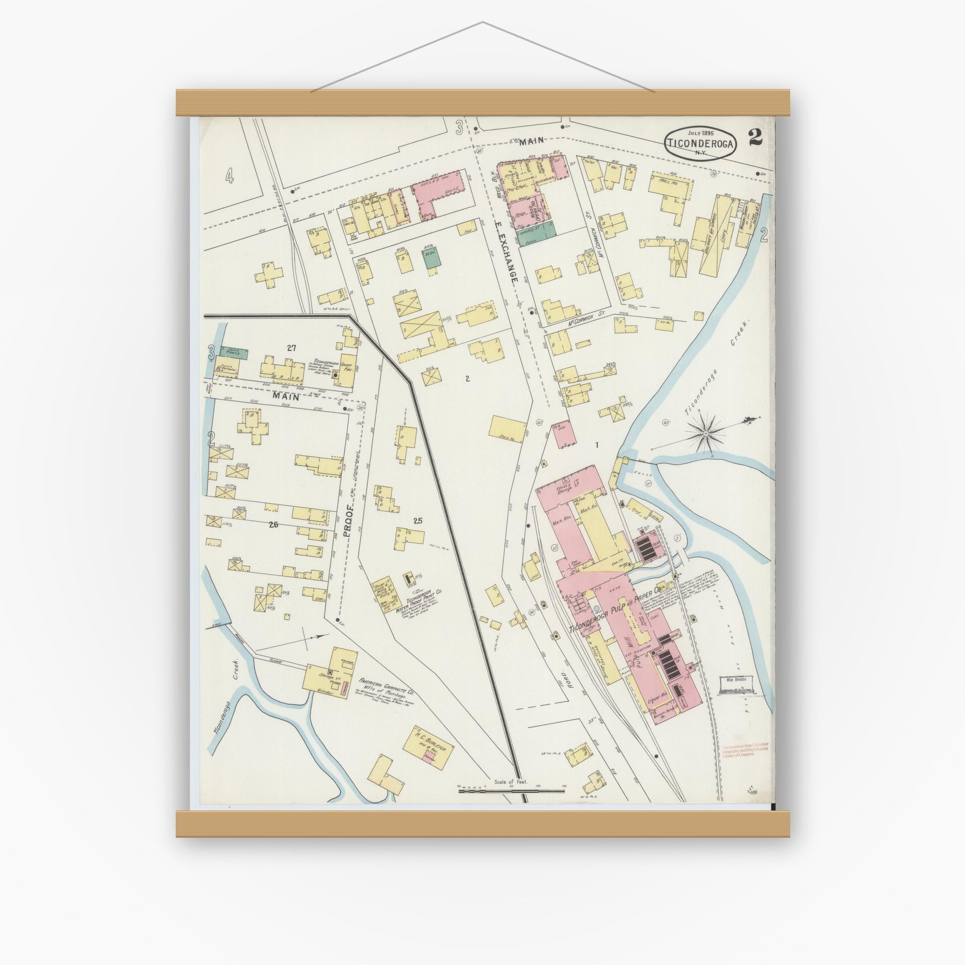 Old map wall art mockup — magnetic wood frame on white wall — Sanborn Fire Insurance Map from Ticonderoga, Essex County, New York (1895), Sheet #0002