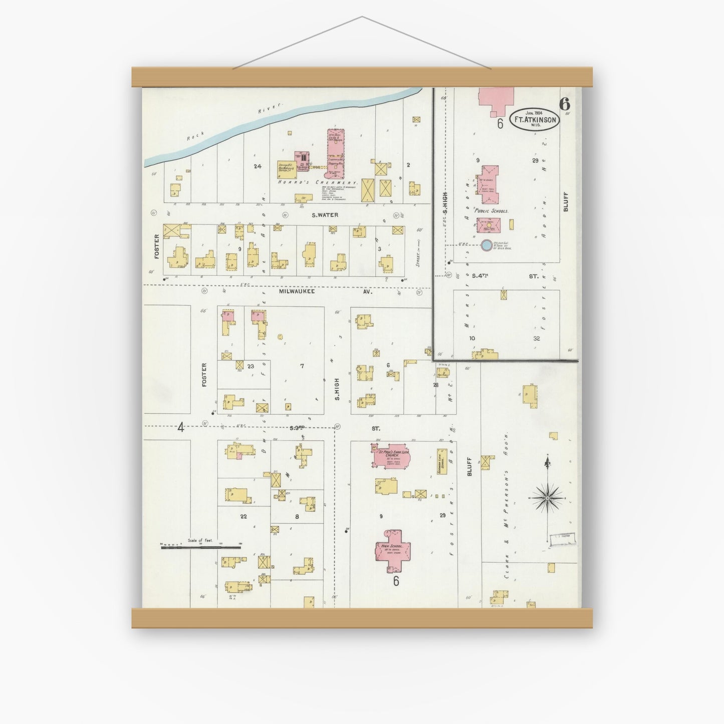 Old map wall art mockup — magnetic wood frame on white wall — Sanborn Fire Insurance Map from Fort Atkinson, Jefferson County, Wisconsin (1904), Sheet #0006