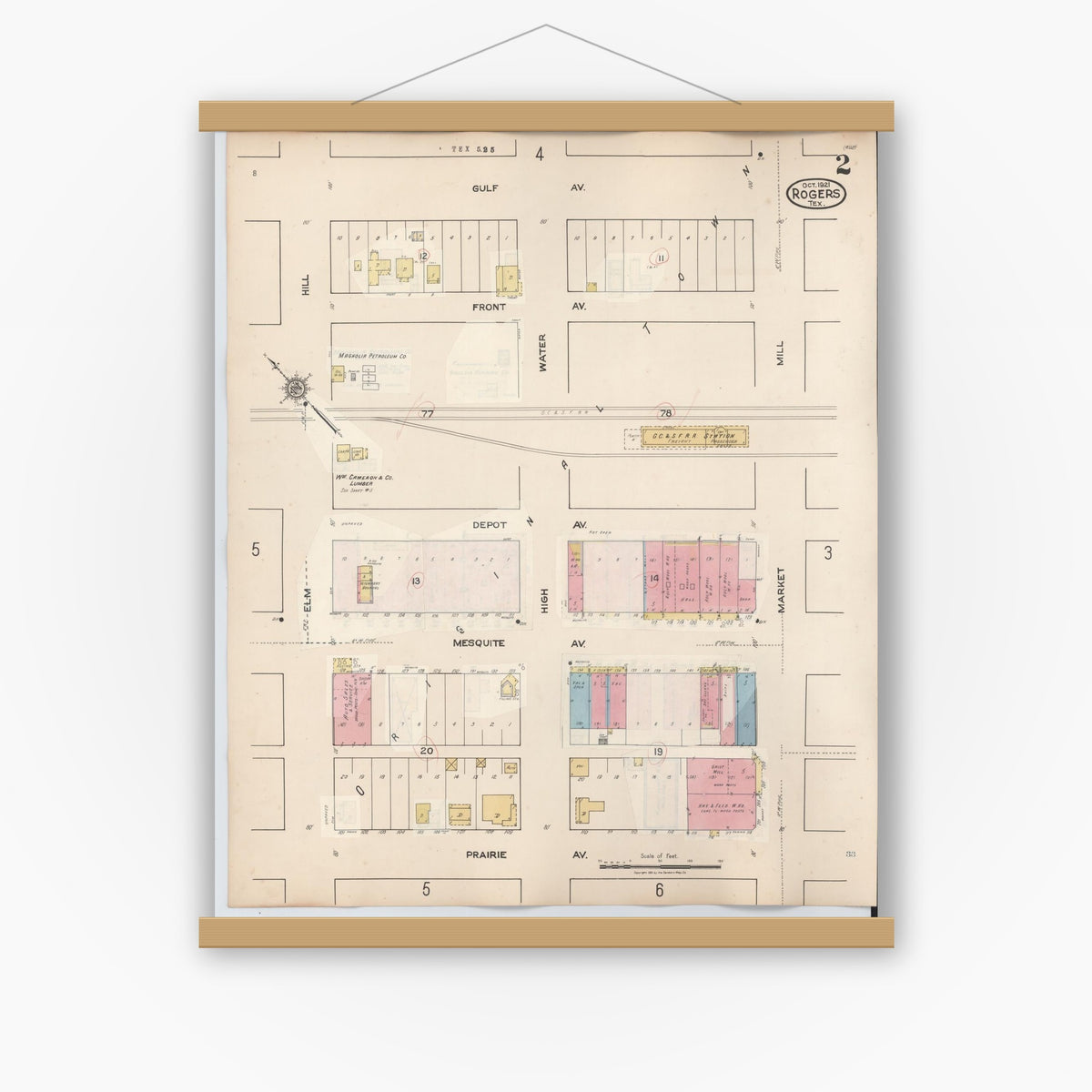 Old map wall art mockup — magnetic wood frame on white wall — Sanborn Fire Insurance Map from Rogers, Bell County, Texas (1944), Sheet #0002