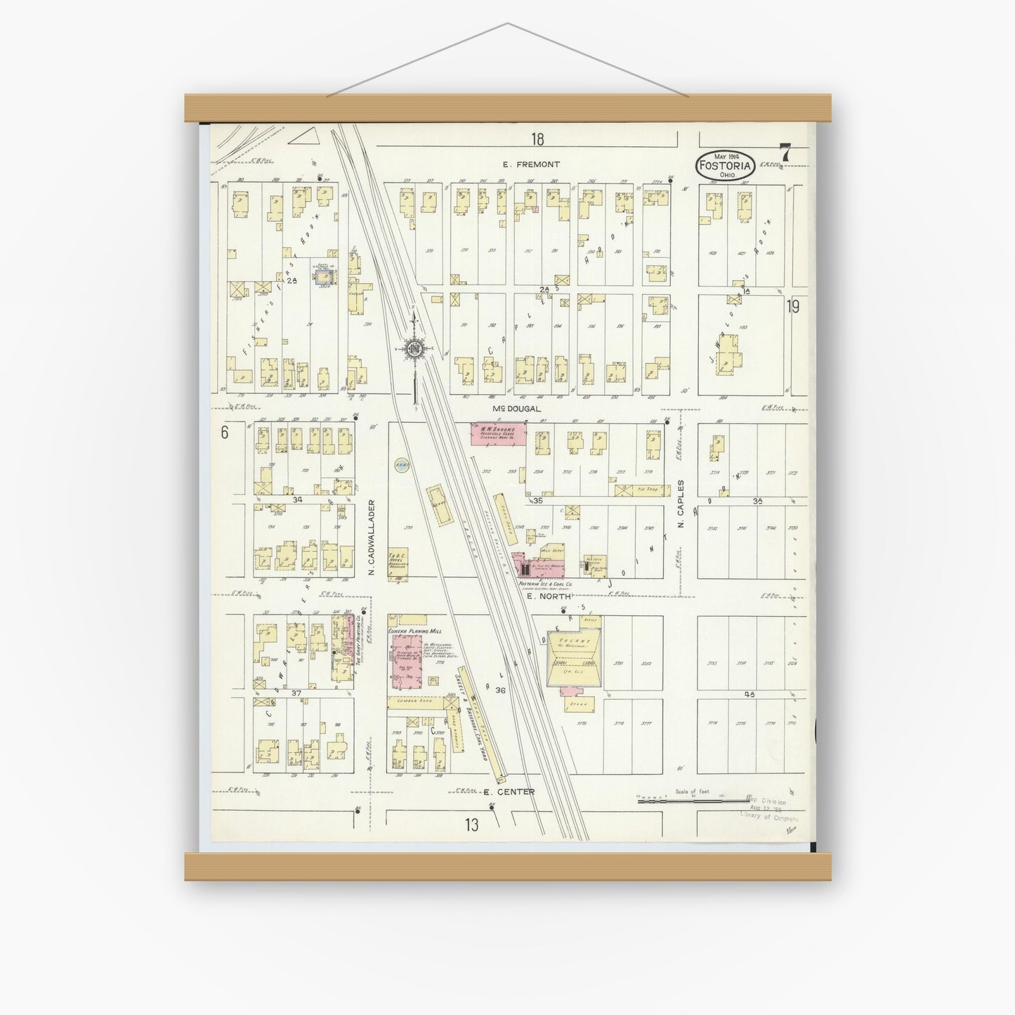 Old map wall art mockup — magnetic wood frame on white wall — Sanborn Fire Insurance Map from Fostoria, Seneca, Hancock, And Wood Counties, Ohio (1914), Sheet #0007