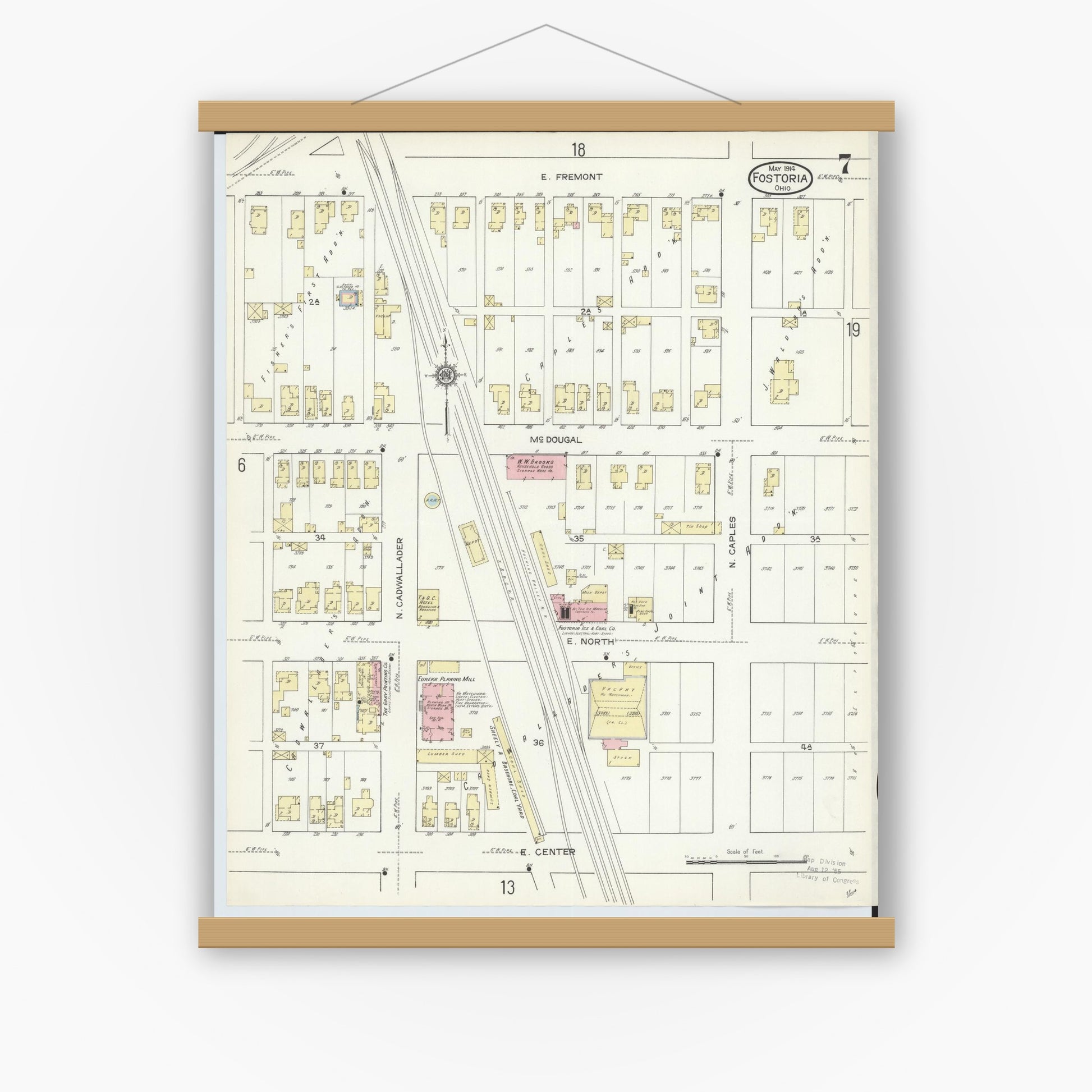 Old map wall art mockup — magnetic wood frame on white wall — Sanborn Fire Insurance Map from Fostoria, Seneca, Hancock, And Wood Counties, Ohio (1914), Sheet #0007