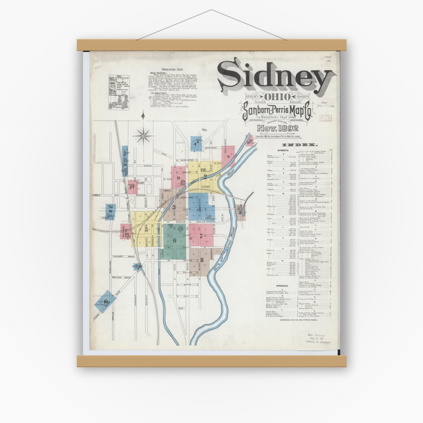 Old map wall art mockup — magnetic wood frame on white wall — Sanborn Fire Insurance Map from Sidney, Shelby County, Ohio (1892) - Complete Map Set