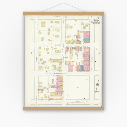 Old map wall art mockup — magnetic wood frame on white wall — Sanborn Fire Insurance Map from Gonzales, Gonzales County, Texas (1912), Sheet #0007
