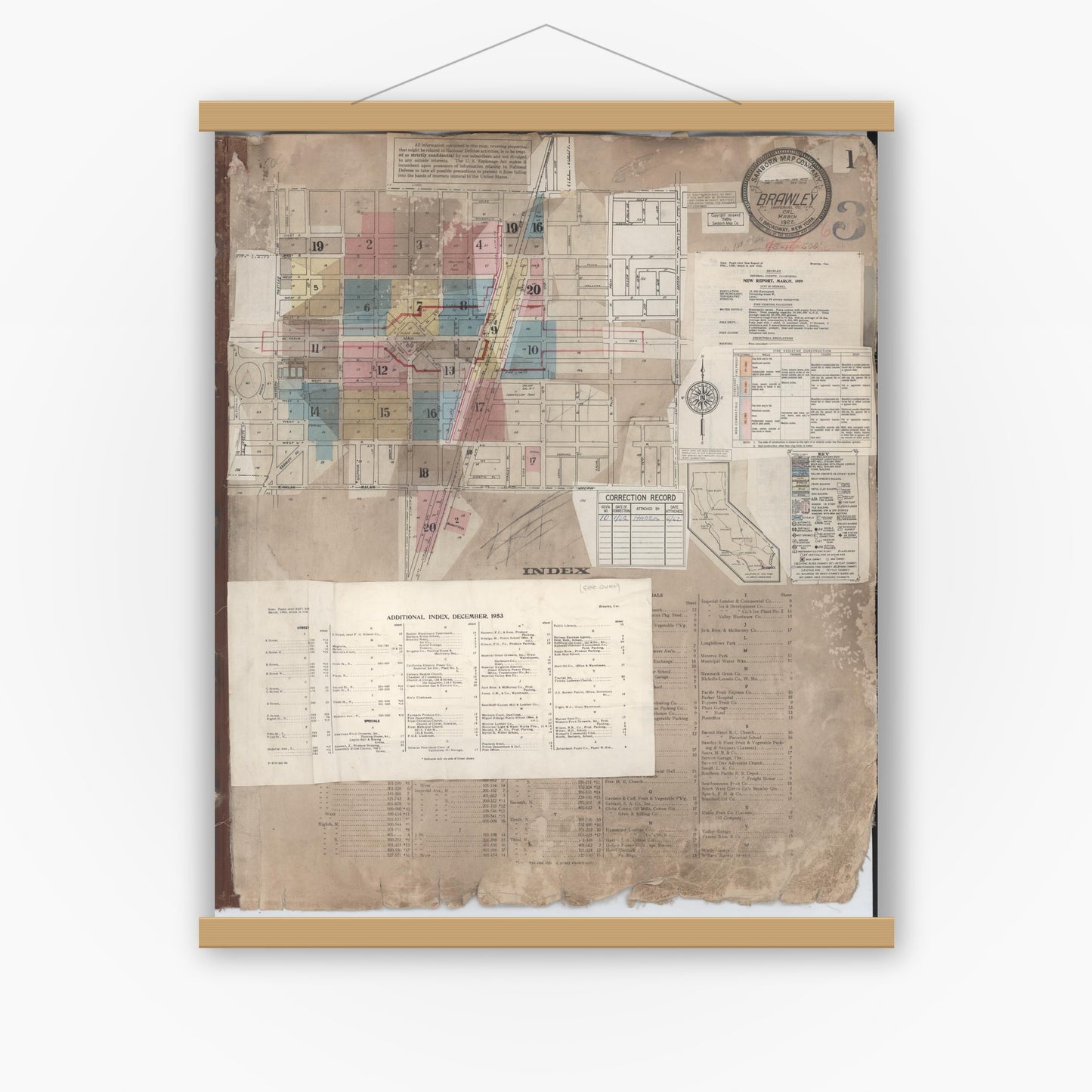 Old map wall art mockup — magnetic wood frame on white wall — Sanborn Fire Insurance Map from Brawley, Imperial County, California (1962), Sheet #0001