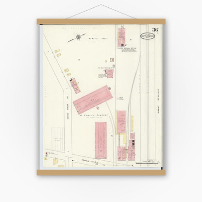 Old map wall art mockup — magnetic wood frame on white wall — Sanborn Fire Insurance Map from Battle Creek, Calhoun County, Michigan (1913), Sheet #0036