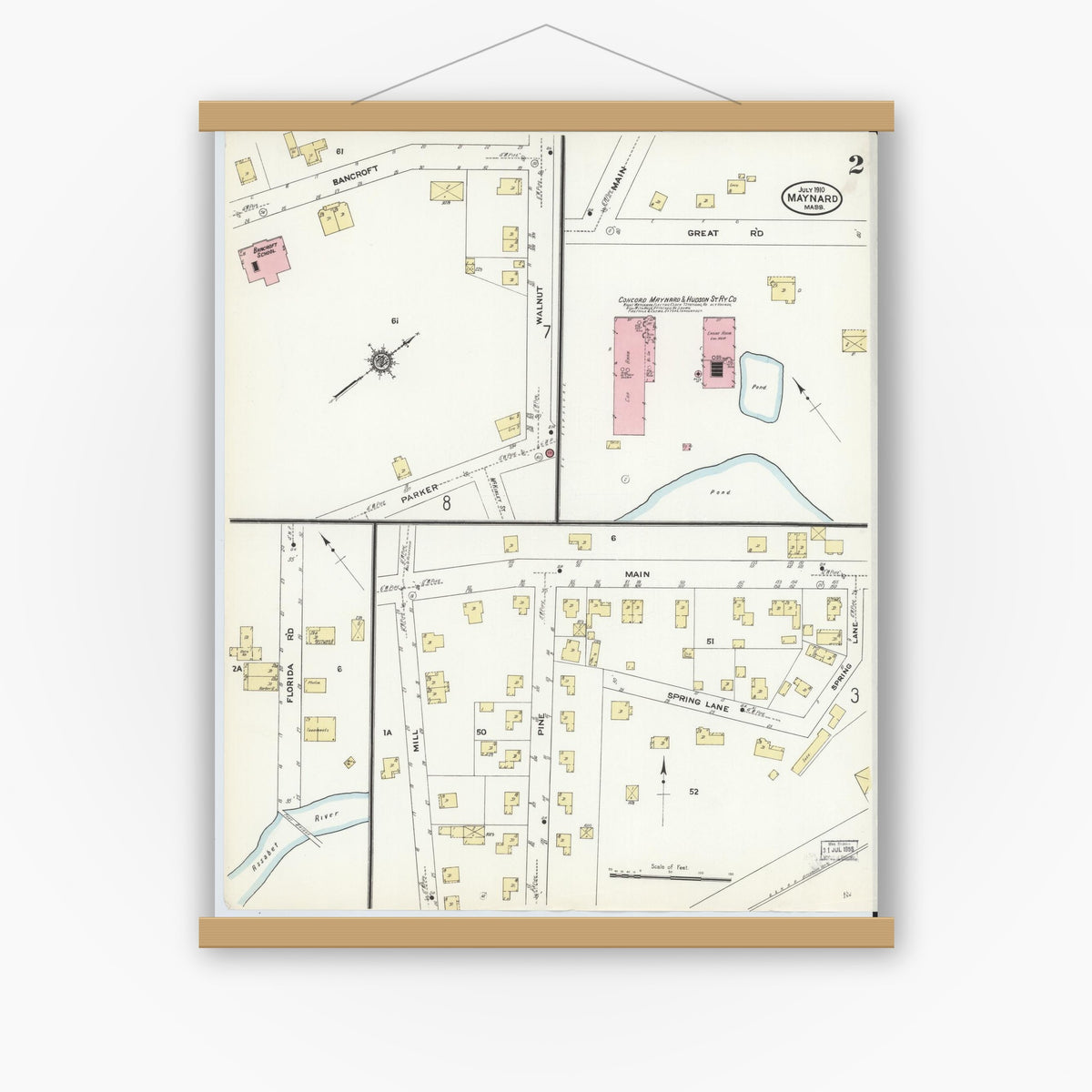 Old map wall art mockup — magnetic wood frame on white wall — Sanborn Fire Insurance Map from Maynard, Middlesex County, Massachusetts (1910), Sheet #0002