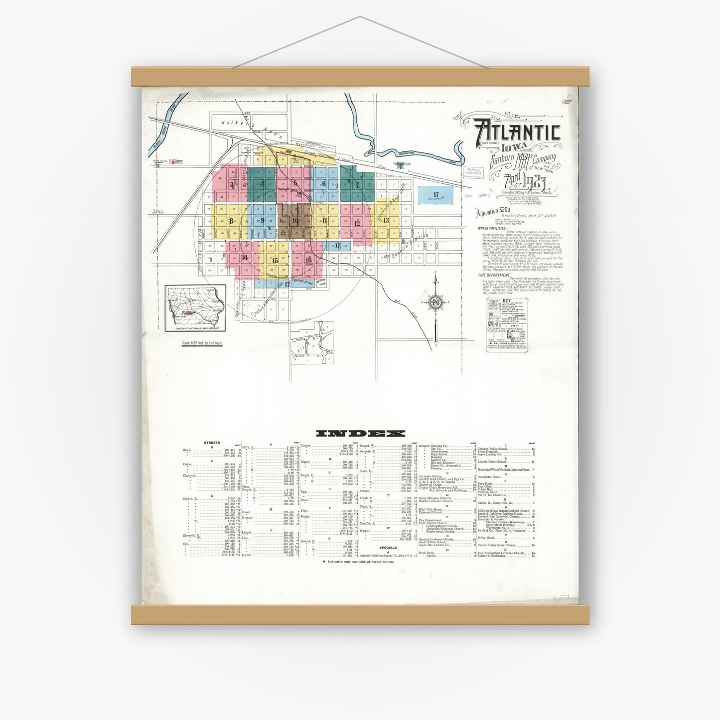 Old map wall art mockup — magnetic wood frame on white wall — Sanborn Fire Insurance Map from Atlantic, Cass County, Iowa (1923) â€” Complete Set
