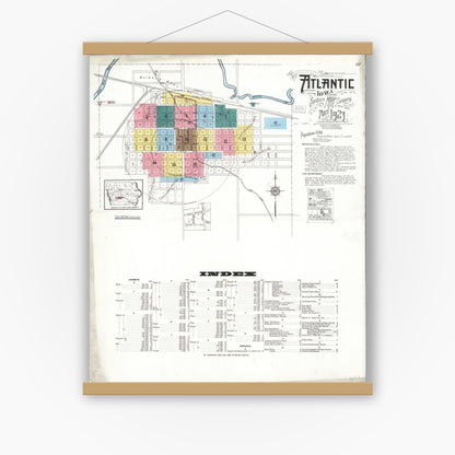 Old map wall art mockup — magnetic wood frame on white wall — Sanborn Fire Insurance Map from Atlantic, Cass County, Iowa (1923) â€” Complete Set