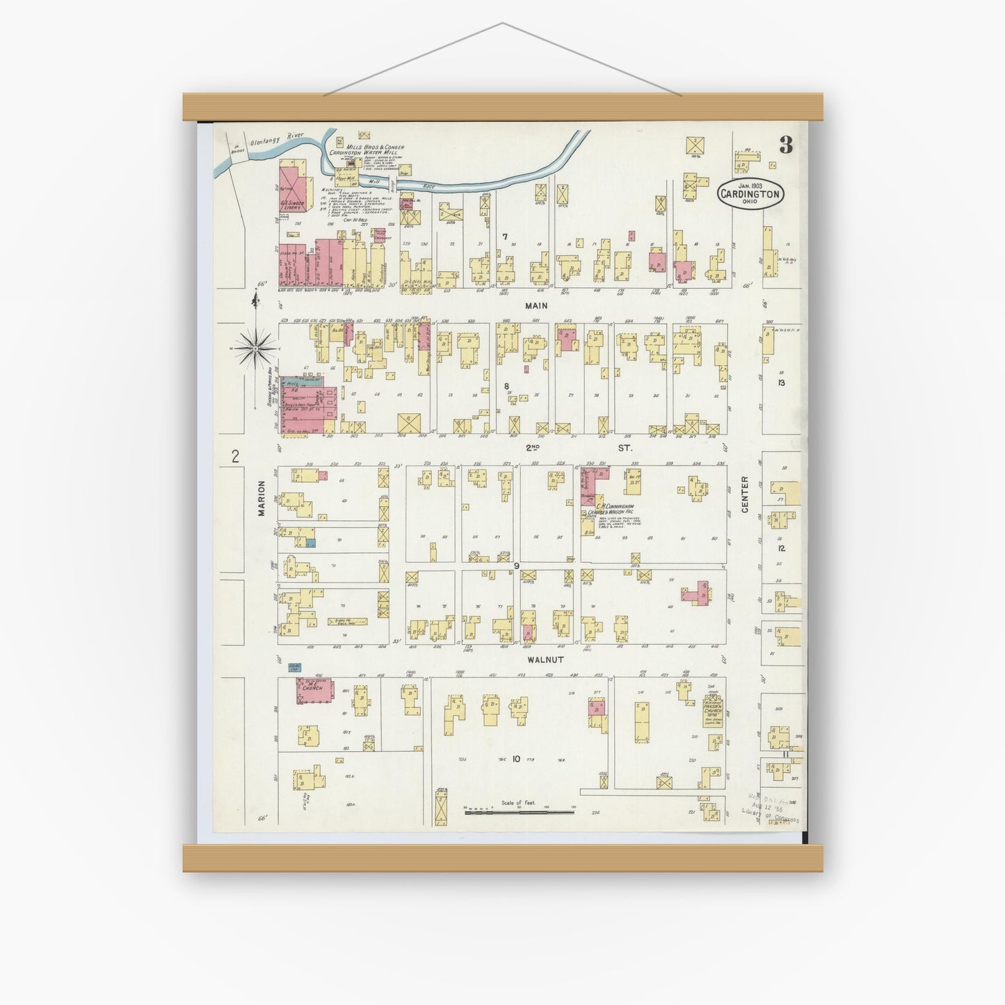 Old map wall art mockup — magnetic wood frame on white wall — Sanborn Fire Insurance Map from Cardington, Morrow County, Ohio (1903), Sheet #0003