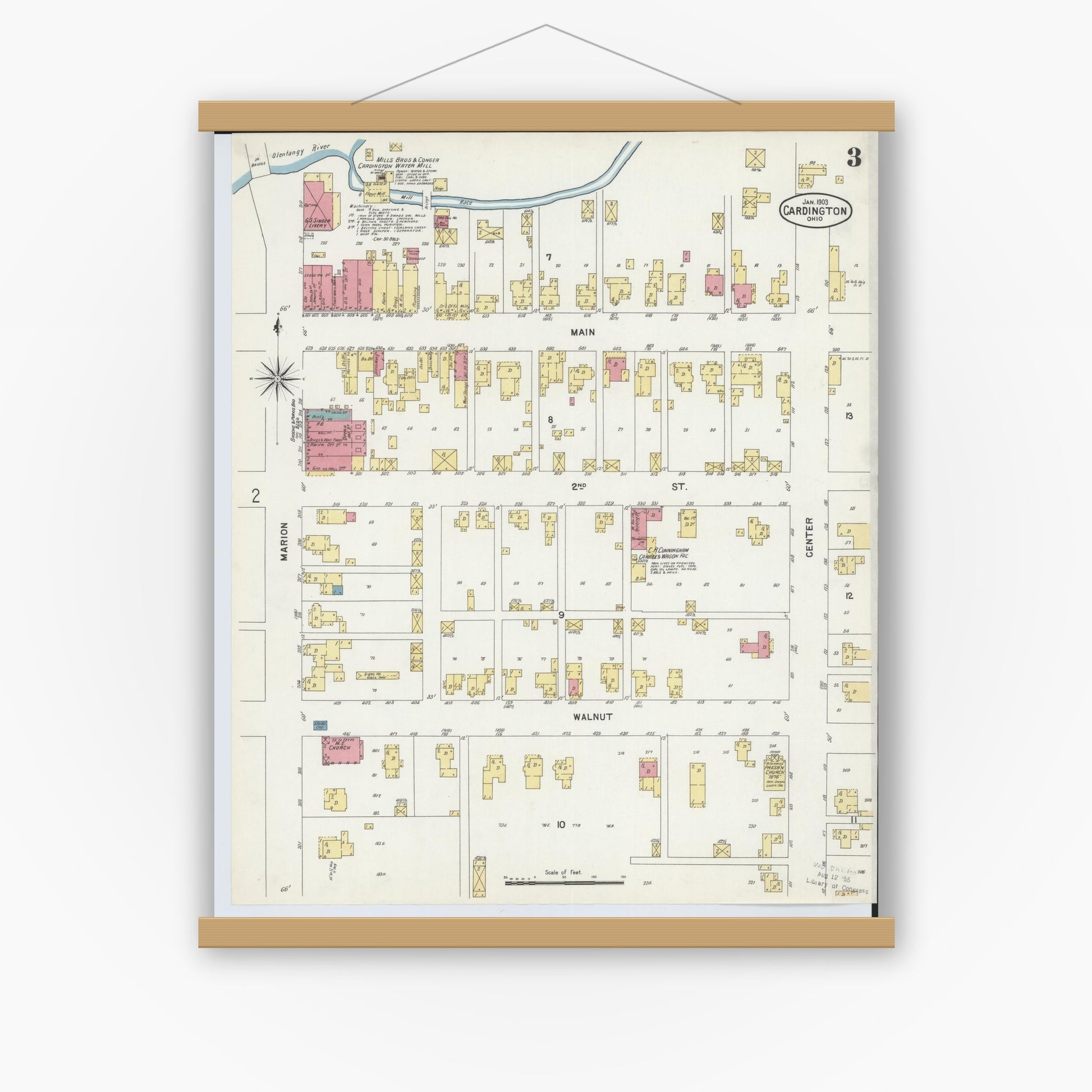 Old map wall art mockup — magnetic wood frame on white wall — Sanborn Fire Insurance Map from Cardington, Morrow County, Ohio (1903), Sheet #0003