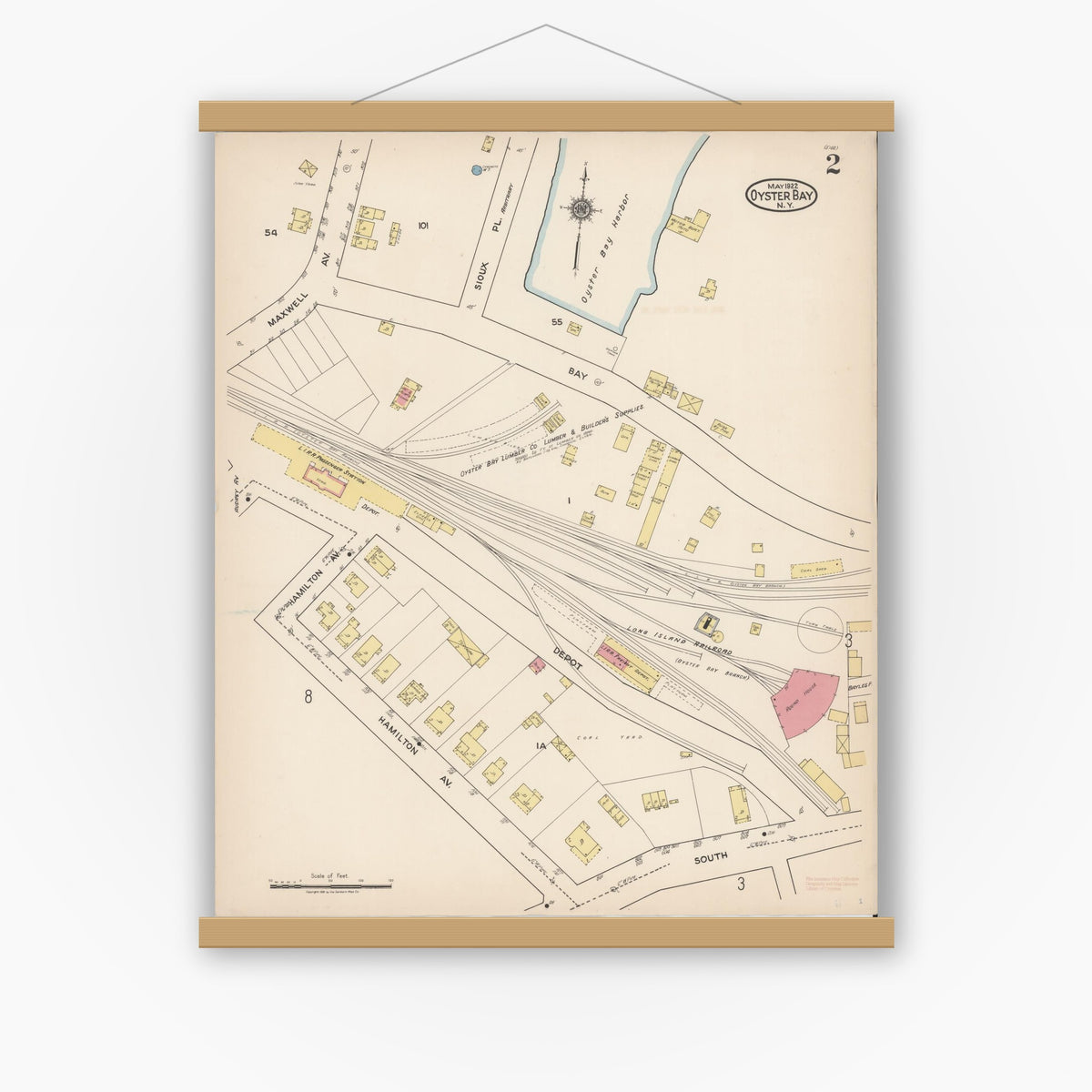 Old map wall art mockup — magnetic wood frame on white wall — Sanborn Fire Insurance Map from Oyster Bay, Nassau County, New York (1922), Sheet #0002