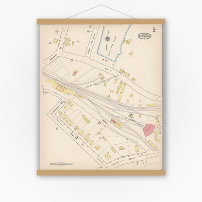 Old map wall art mockup — magnetic wood frame on white wall — Sanborn Fire Insurance Map from Oyster Bay, Nassau County, New York (1922), Sheet #0002