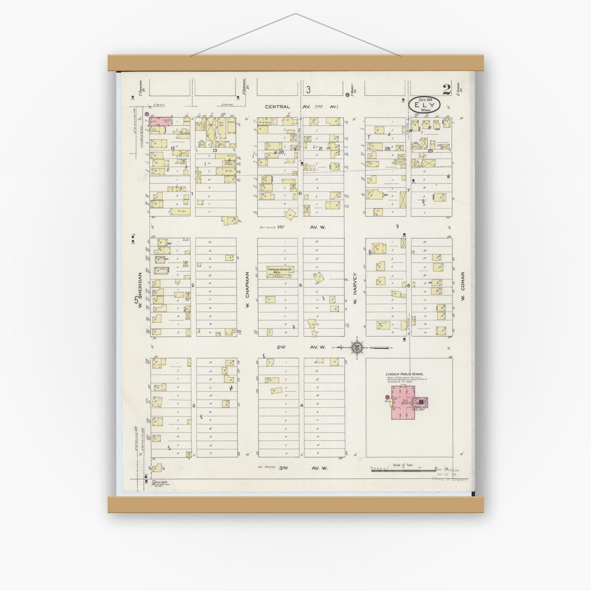 Old map wall art mockup — magnetic wood frame on white wall — Sanborn Fire Insurance Map from Ely, Saint Louis County, Minnesota (1914), Sheet #0002