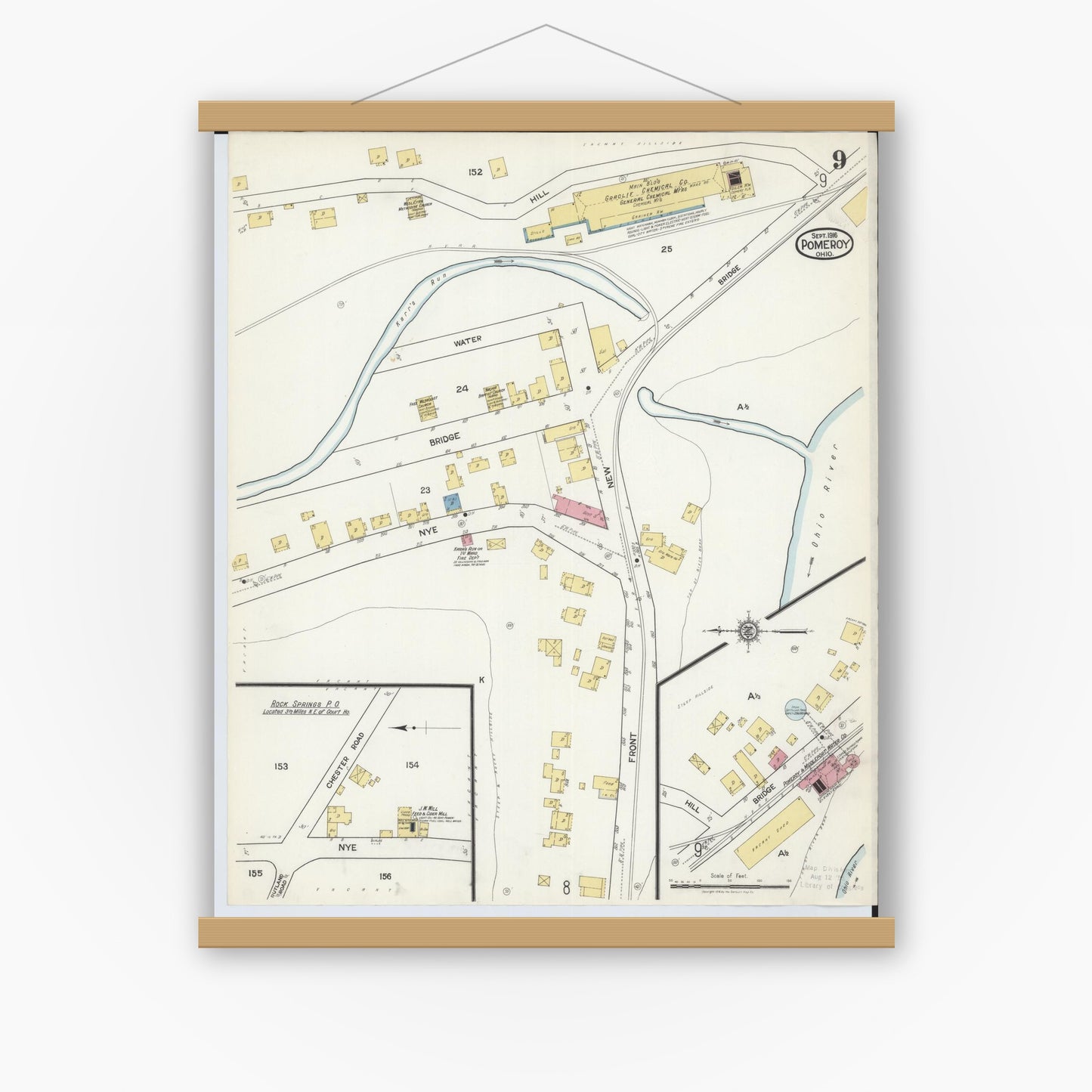 Old map wall art mockup — magnetic wood frame on white wall — Sanborn Fire Insurance Map from Pomeroy, Meigs County, Ohio (1916), Sheet #0009