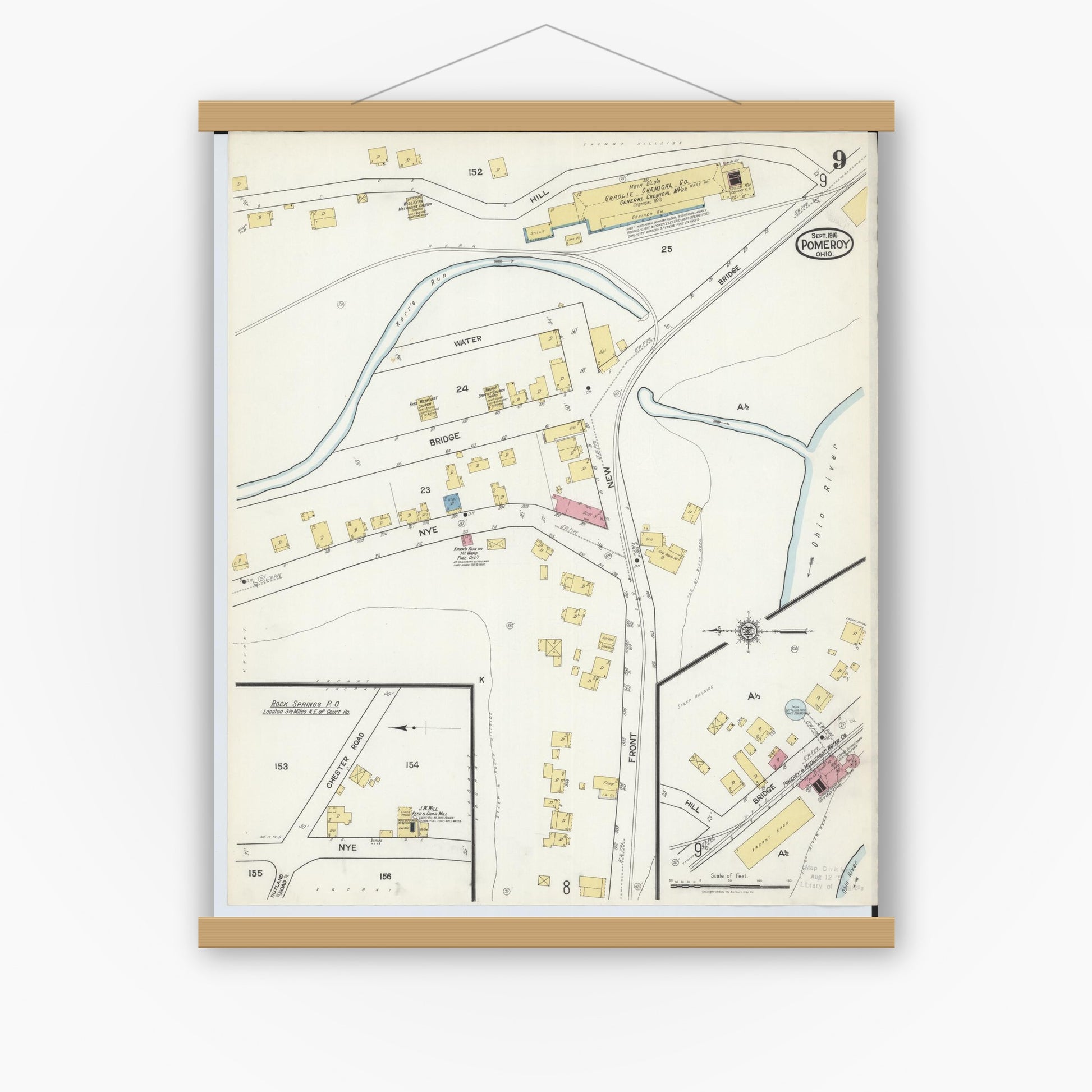 Old map wall art mockup — magnetic wood frame on white wall — Sanborn Fire Insurance Map from Pomeroy, Meigs County, Ohio (1916), Sheet #0009