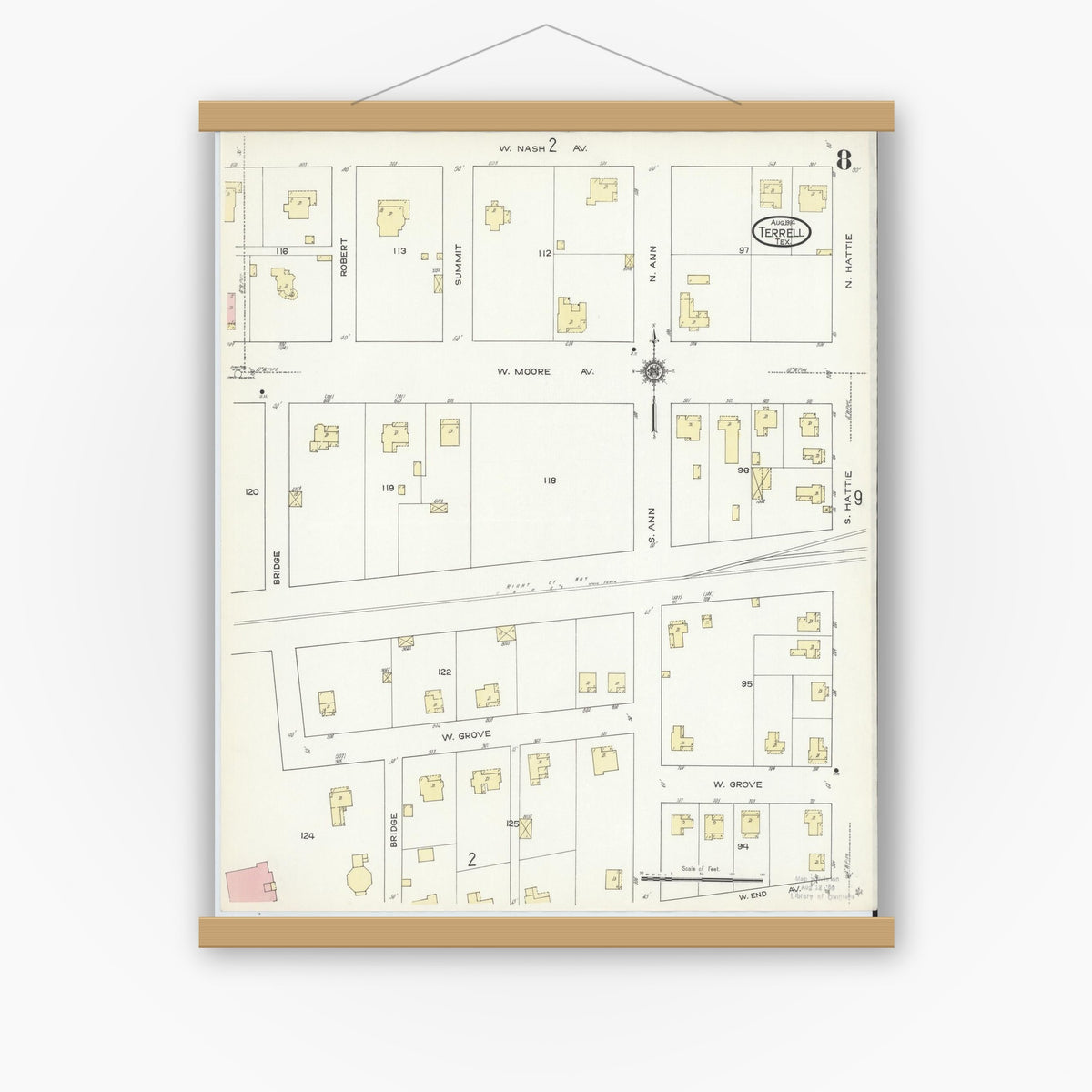 Old map wall art mockup — magnetic wood frame on white wall — Sanborn Fire Insurance Map from Terrell, Kaufman County, Texas (1914), Sheet #0008