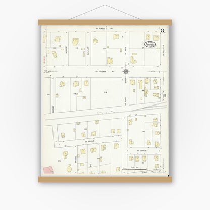 Old map wall art mockup — magnetic wood frame on white wall — Sanborn Fire Insurance Map from Terrell, Kaufman County, Texas (1914), Sheet #0008