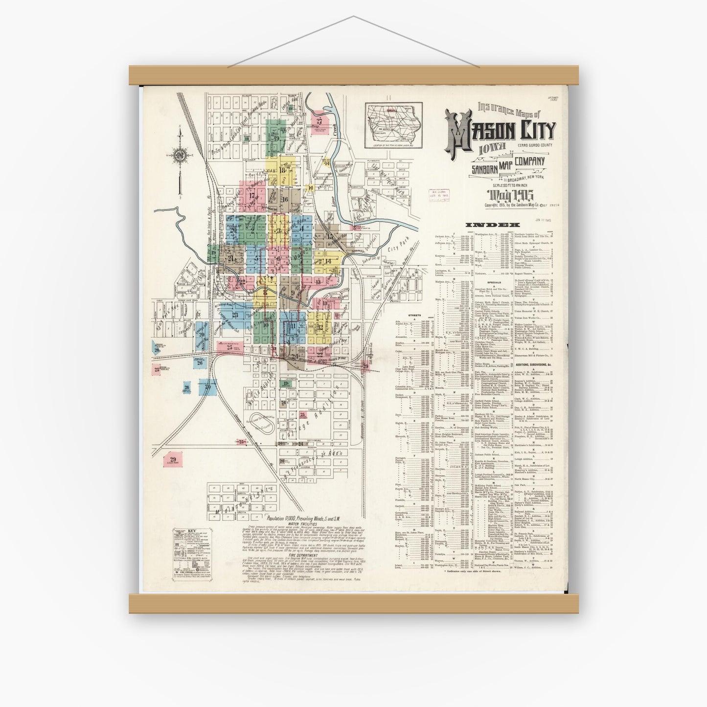 Old map wall art mockup — magnetic wood frame on white wall — Sanborn Fire Insurance Map from Mason City, Cerro Gordo County, Iowa (1915) â€” Complete Set