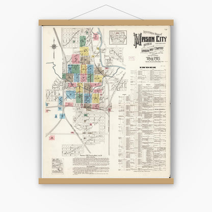 Old map wall art mockup — magnetic wood frame on white wall — Sanborn Fire Insurance Map from Mason City, Cerro Gordo County, Iowa (1915) â€” Complete Set