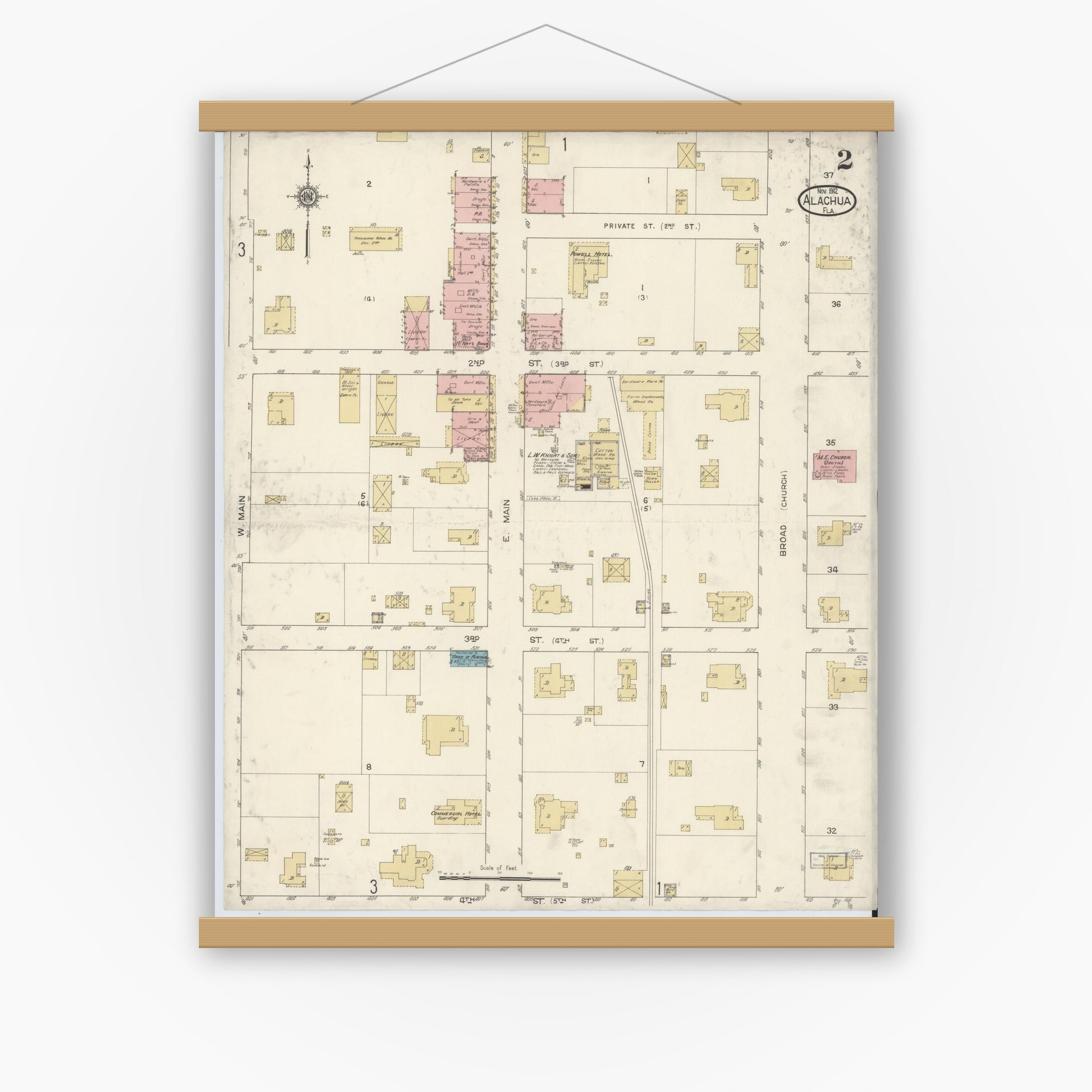 Old map wall art mockup — magnetic wood frame on white wall — Sanborn Fire Insurance Map from Alachua, Alachua County, Florida (1912), Sheet #0002