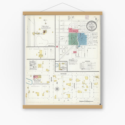 Old map wall art mockup — magnetic wood frame on white wall — Sanborn Fire Insurance Map from Kinmundy, Marion County, Illinois (1907) - Complete Map Set