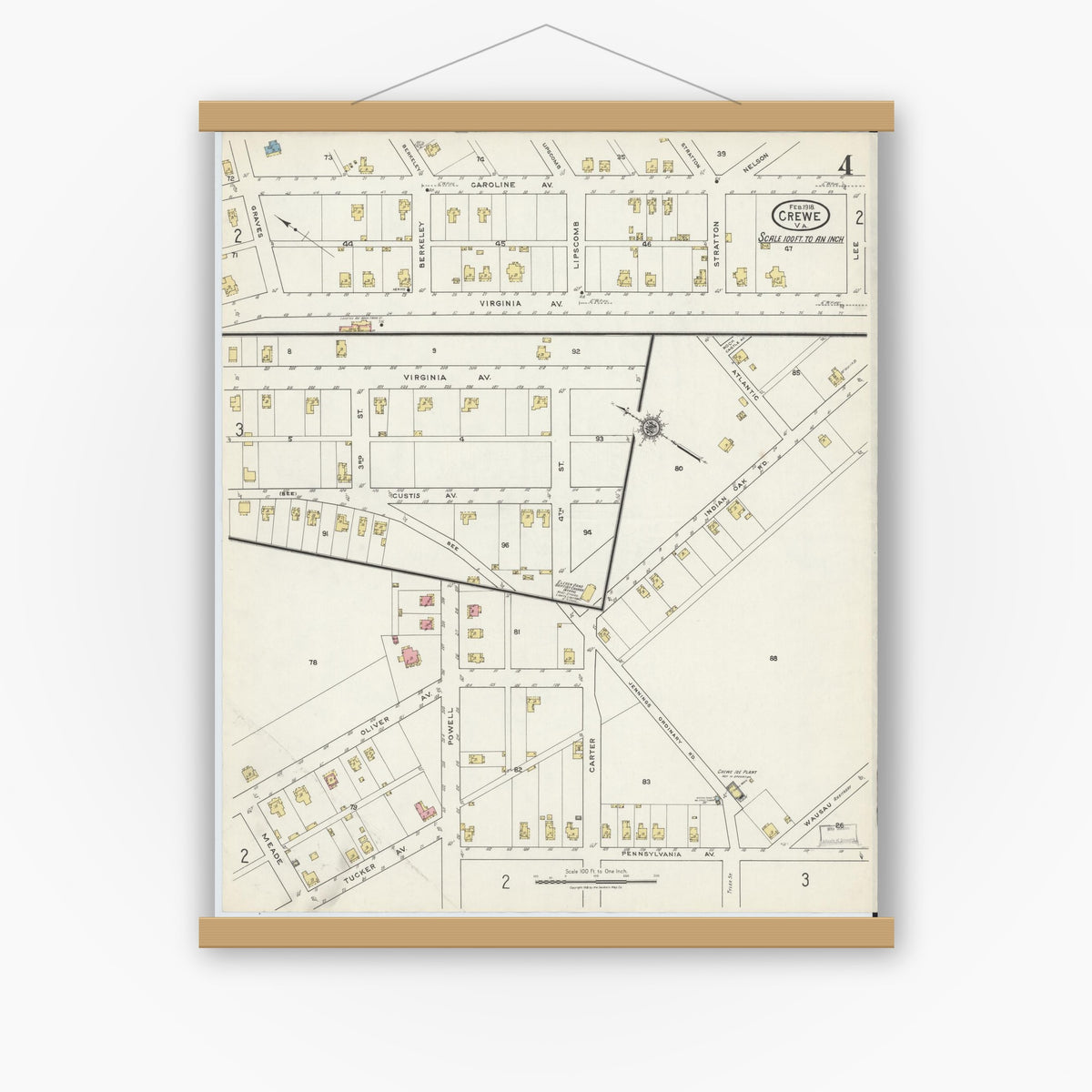 Old map wall art mockup — magnetic wood frame on white wall — Sanborn Fire Insurance Map from Crewe, Nottoway County, Virginia (1918), Sheet #0004