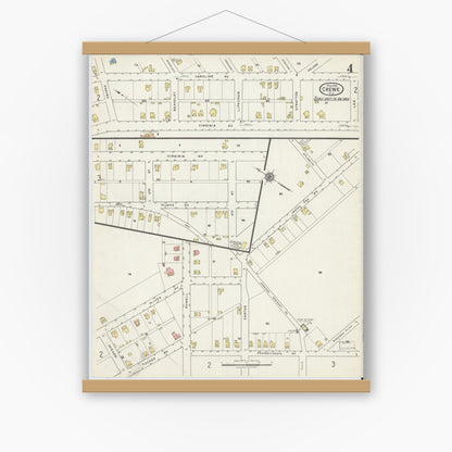 Old map wall art mockup — magnetic wood frame on white wall — Sanborn Fire Insurance Map from Crewe, Nottoway County, Virginia (1918), Sheet #0004