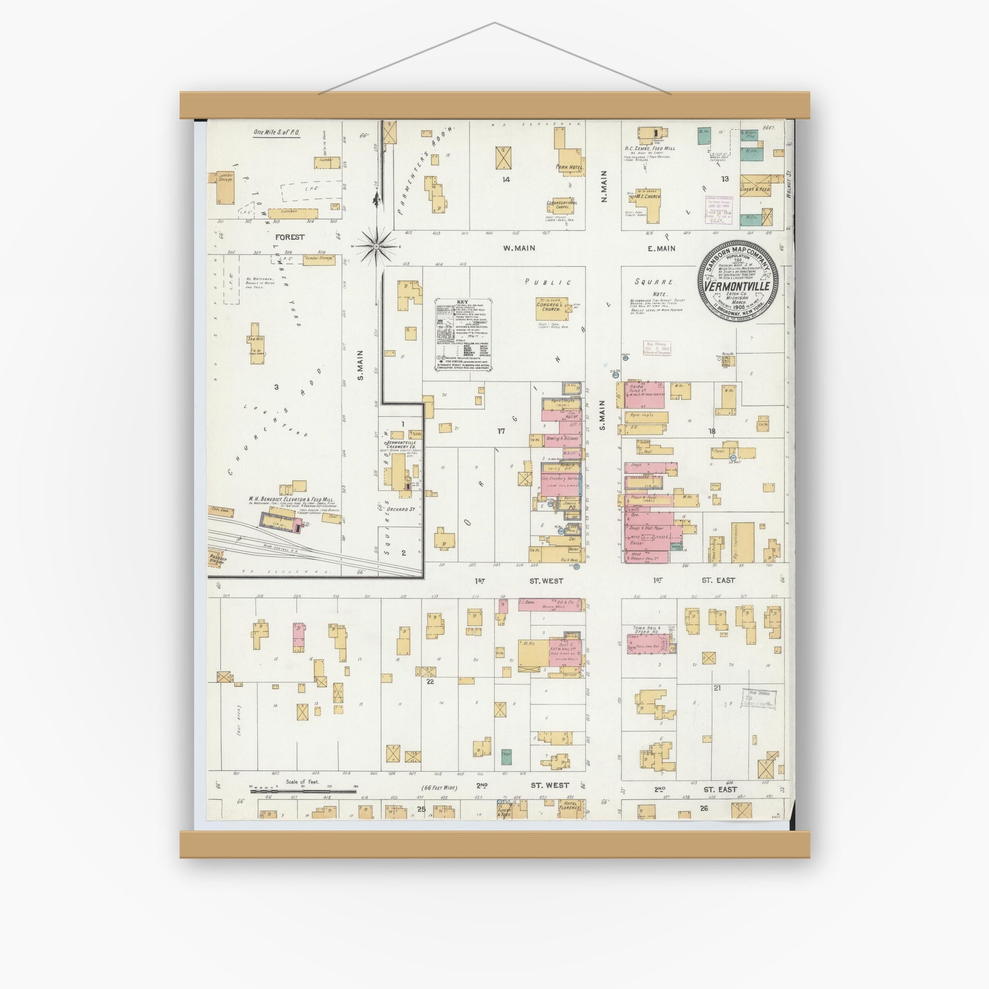Old map wall art mockup — magnetic wood frame on white wall — Sanborn Fire Insurance Map from Vermontville, Eaton County, Michigan (1906), Sheet #0001